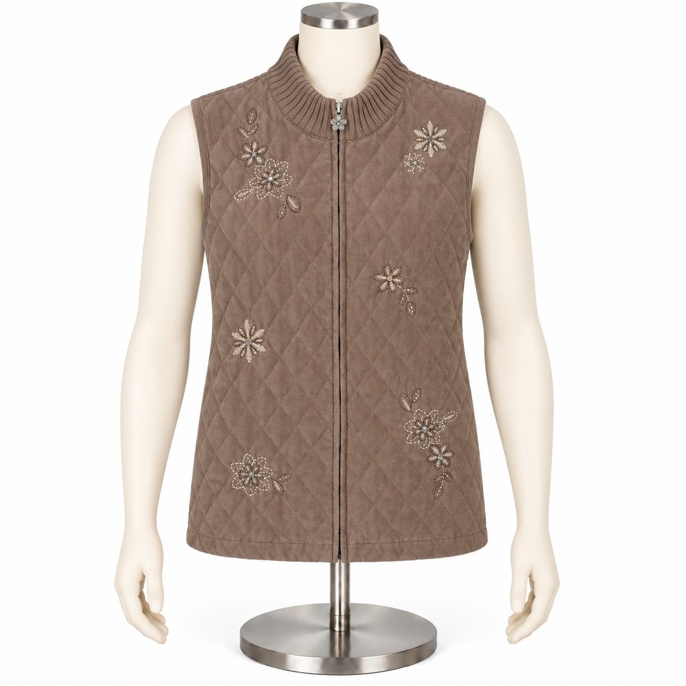 Alfred Dunner Brown Quilted Embroidered Floral Ribbed Back Vest Size 12